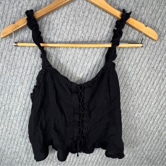 H&M Tank Top Black Cropped Tie Front Ruffle Straps‎ Medium Basic Minimal - Picture 1 of 6